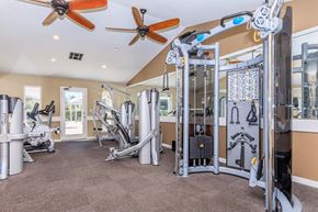 Pittsburg apartment for rent - A gym with a variety of equipment including a treadmill, weights, and a fan.