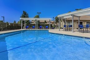 Pittsburg apartment for rent - A large swimming pool with a blue tinted water and a white canopy over the seating area.