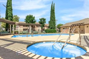 Pittsburg apartment for rent - A swimming pool in a residential area with trees and houses in the background.