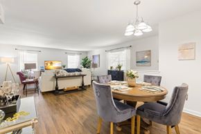 Metairie apartment for rent - A well-lit, modern dining room with a round table and grey chairs.