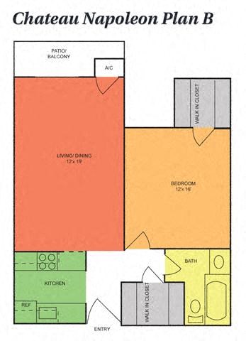 Floor plan for 1 bed, 1 bath, 760 sqft