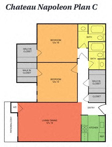 Floor plan for 2 beds, 2 baths, 1095 sqft