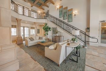 A living room with a staircase