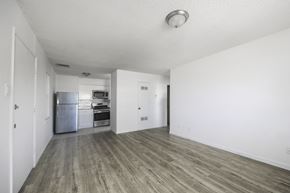 El Paso apartment for rent - an empty living room and kitchen with white walls and wood flooring