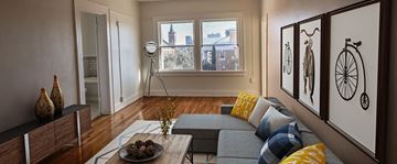 El Paso apartment for rent - A living room with a grey couch and a bicycle picture on the wall.