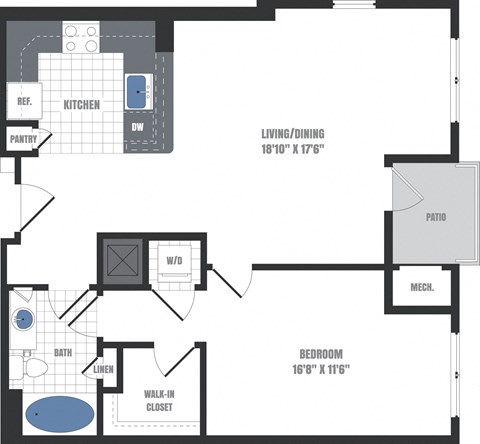 Floor plan for 1 bed, 1 bath, 877 sqft
