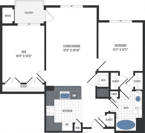Floor plan for 1 bed, 1 bath, 957 sqft