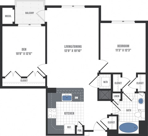 Floor plan for 1 bed, 1 bath, 938 sqft