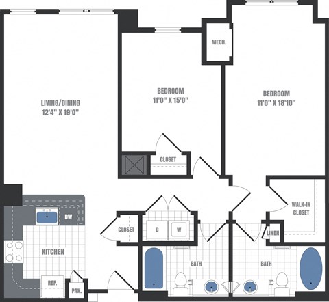 Floor plan for 2 beds, 2 baths, 1141 sqft