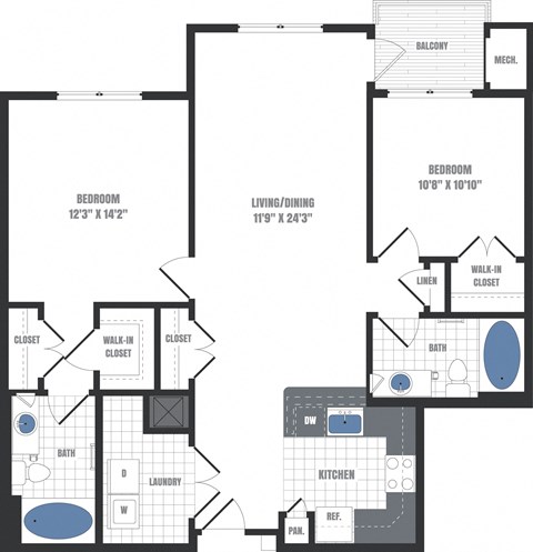 Floor plan for 2 beds, 2 baths, 1112 sqft