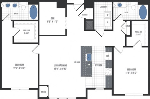 Floor plan for 2 beds, 2 baths, 1453 sqft