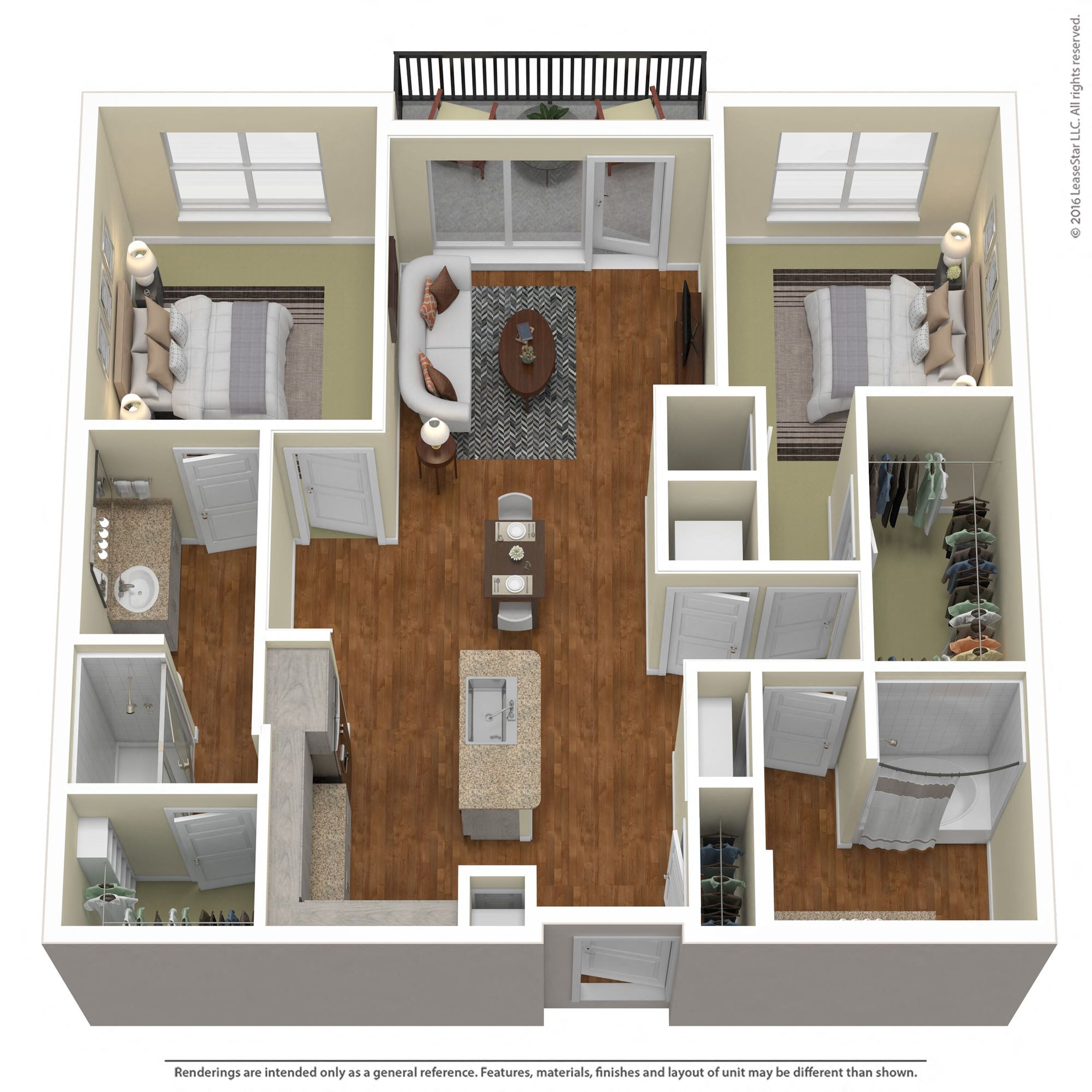 Floor plan for 2 beds, 2 baths, 1055 sqft