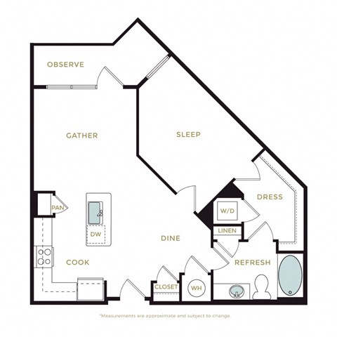 Floor plan for 1 bed, 1 bath, 951 sqft