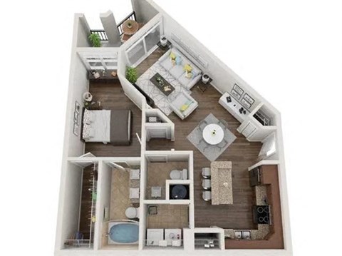 Floor plan for 1 bed, 1.5 baths, 953 sqft