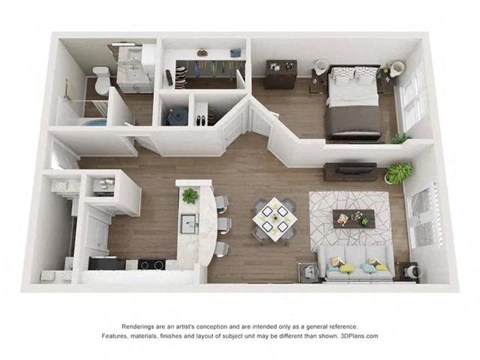 Floor plan for 1 bed, 1 bath, 770 sqft
