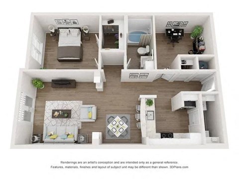 Floor plan for 1 bed, 1 bath, 915 sqft
