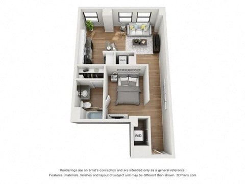 Floor plan for 1 bed, 1 bath, 674 sqft