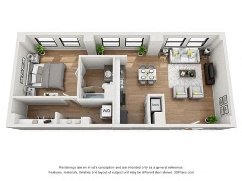 Floor plan for 1 bed, 1 bath, 790 sqft