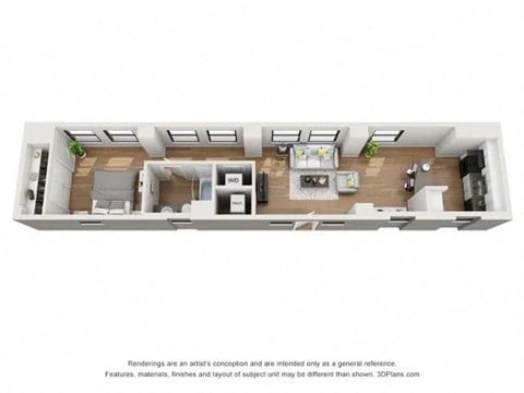Floor plan for 1 bed, 1 bath, 799 sqft