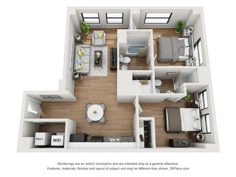 Floor plan for 2 beds, 2 baths, 902 sqft