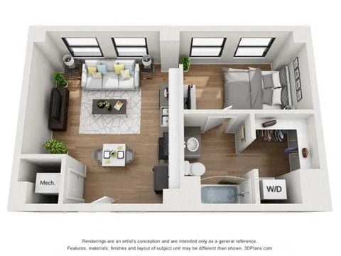 Floor plan for studio, 1 bath, 527 sqft