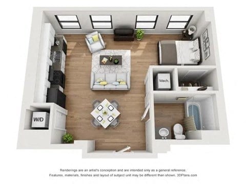 Floor plan for studio, 1 bath, 601 sqft