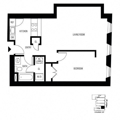 Floor plan for 1 bed, 1 bath, 722 sqft