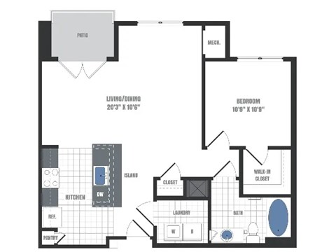 Floor plan for 1 bed, 1 bath, 816 sqft