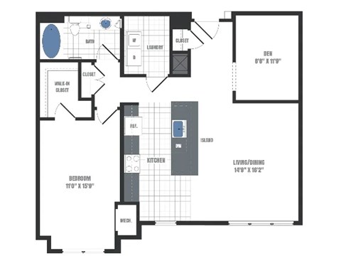 Floor plan for 1 bed, 1 bath, 1095 sqft
