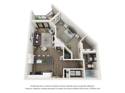 Floor plan for 1 bed, 1 bath, 782 sqft