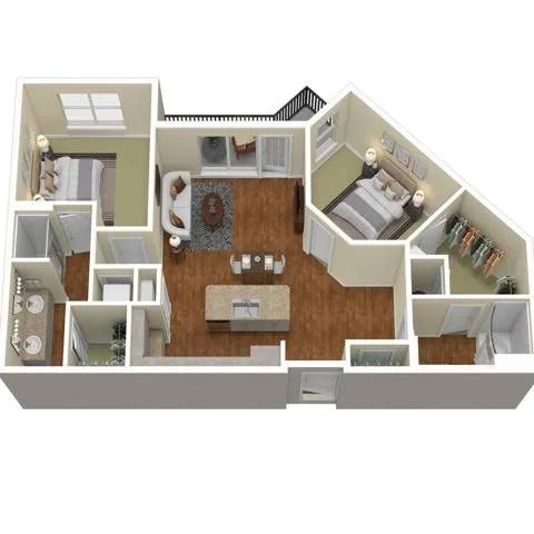 Floor plan for 2 beds, 2 baths, 1076 sqft