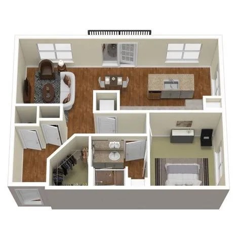 Floor plan for 1 bed, 1 bath, 857 sqft