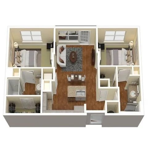 Floor plan for 2 beds, 2 baths, 888 sqft