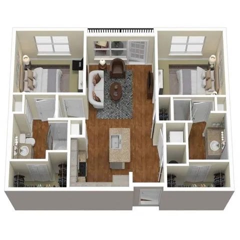 Floor plan for 2 beds, 2 baths, 965 sqft
