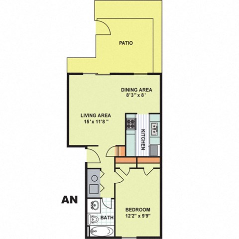 Floor plan for 1 bed, 1 bath, 646 sqft
