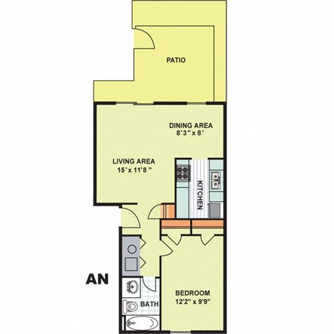 Floor plan for 1 bed, 1 bath, 644 sqft