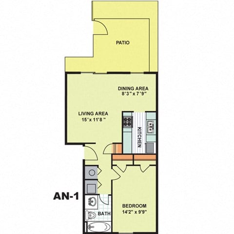 Floor plan for 1 bed, 1 bath, 690 sqft