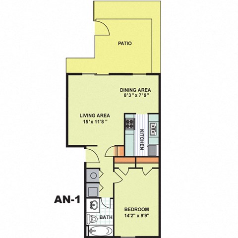 Floor plan for 1 bed, 1 bath, 660 sqft