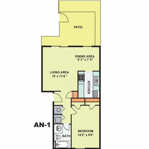 Floor plan for 1 bed, 1 bath, 692 sqft