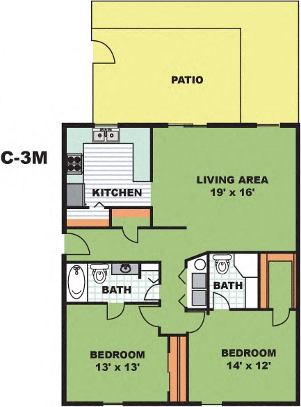 Floor plan for 2 beds, 2 baths, 1100 sqft