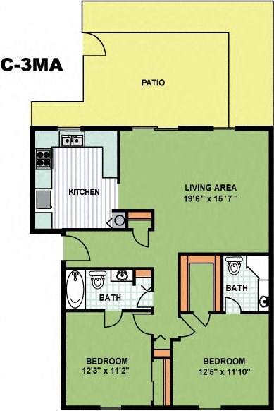 Floor plan for 2 beds, 2 baths, 1022 sqft