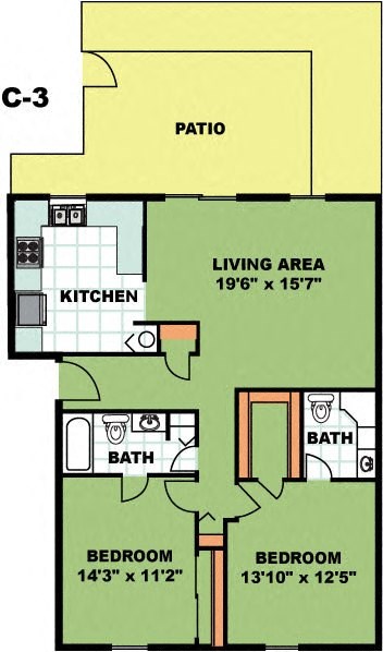 Floor plan for 2 beds, 2 baths, 1124 sqft