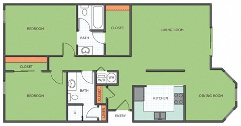 Floor plan for 2 beds, 2 baths, 1137 sqft
