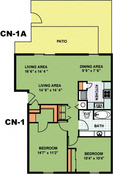 Floor plan for 2 beds, 1 bath, 930 sqft