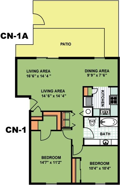 Floor plan for 2 beds, 1 bath, 874 sqft