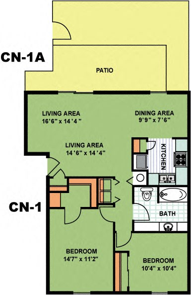 Floor plan for 2 beds, 1 bath, 968 sqft