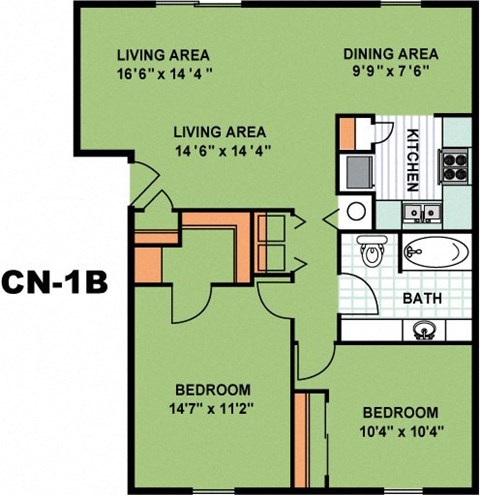 Floor plan for 2 beds, 1 bath, 917 sqft