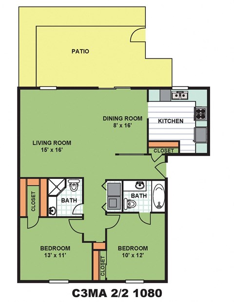 Floor plan for 2 beds, 2 baths, 1080 sqft