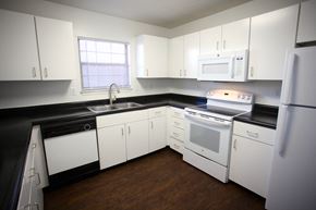 Indianapolis apartment for rent - an empty kitchen with white appliances and white cabinets