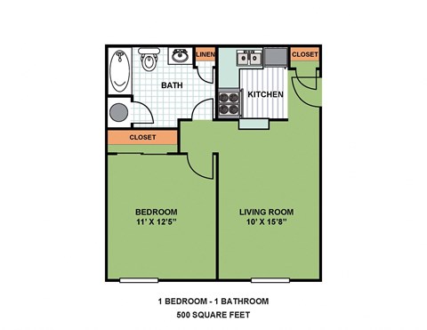 Floor plan for 1 bed, 1 bath, 500 sqft